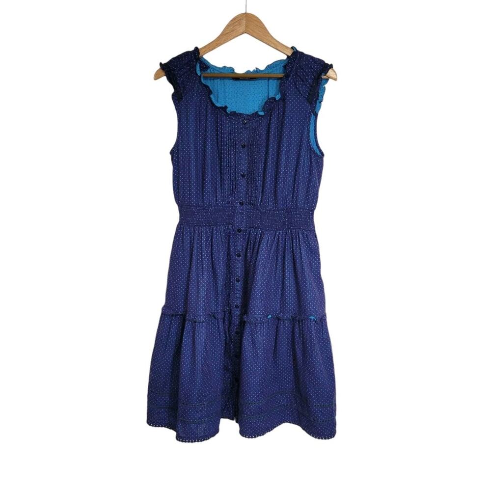 Eshakti Blue Polka Dot Button Front Elastic Waist Fit & Flare Sleeveless Dress